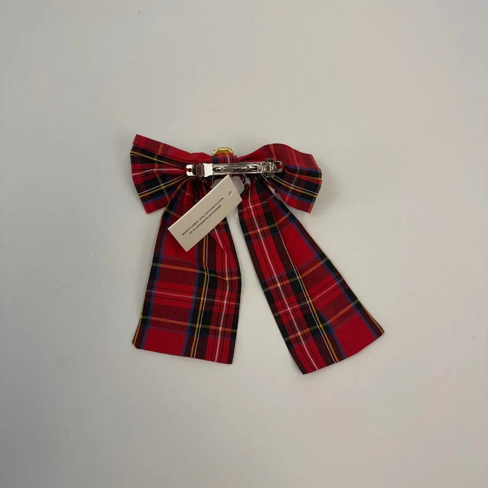 J.Crew Girls Red Tartan Plaid Hair Bow Barrette with Rhinestone New